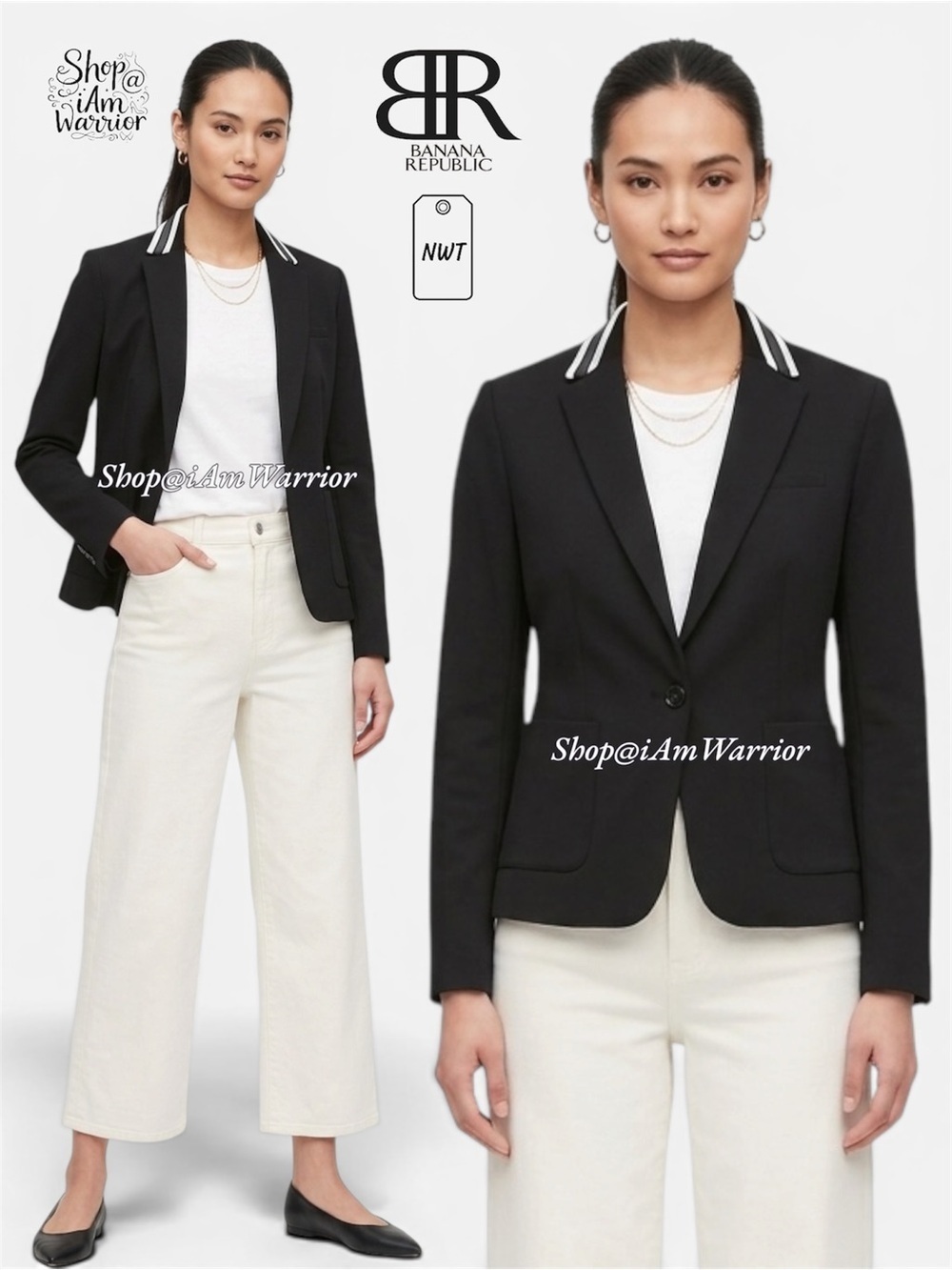 Banana Republic NWT black ponte knit stripe collar one button blazer